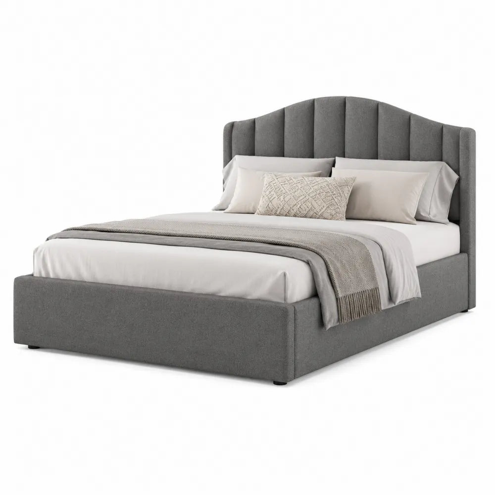 Queen Upholstered Fabric Platform Bed with Curved Headboard in Gray