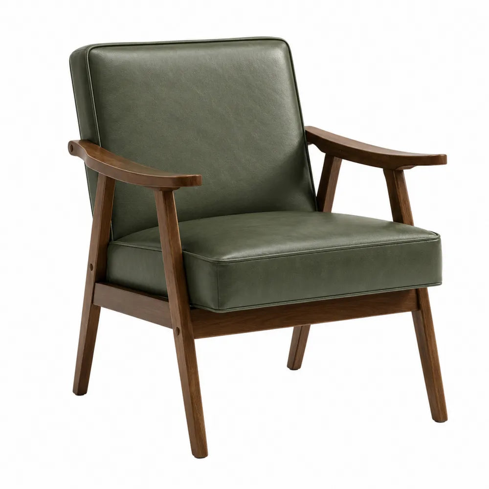 Solid Walnut Wood Armchair with Green Faux Leather