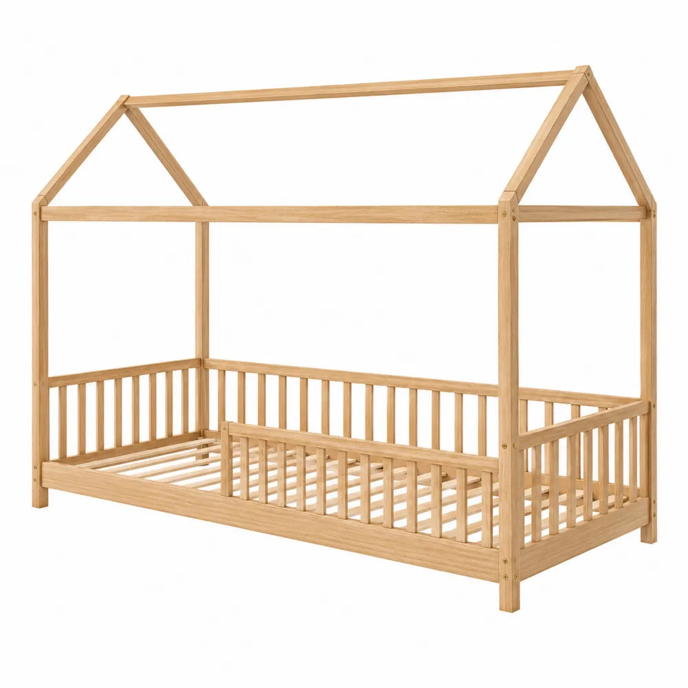 Pine Wood House Shape Bed Frame Natural 200cm x 90cm
