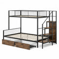 Metal and Wood Twin Over Full Bunk Bed with Stairs and Storage Drawers Black/Brown