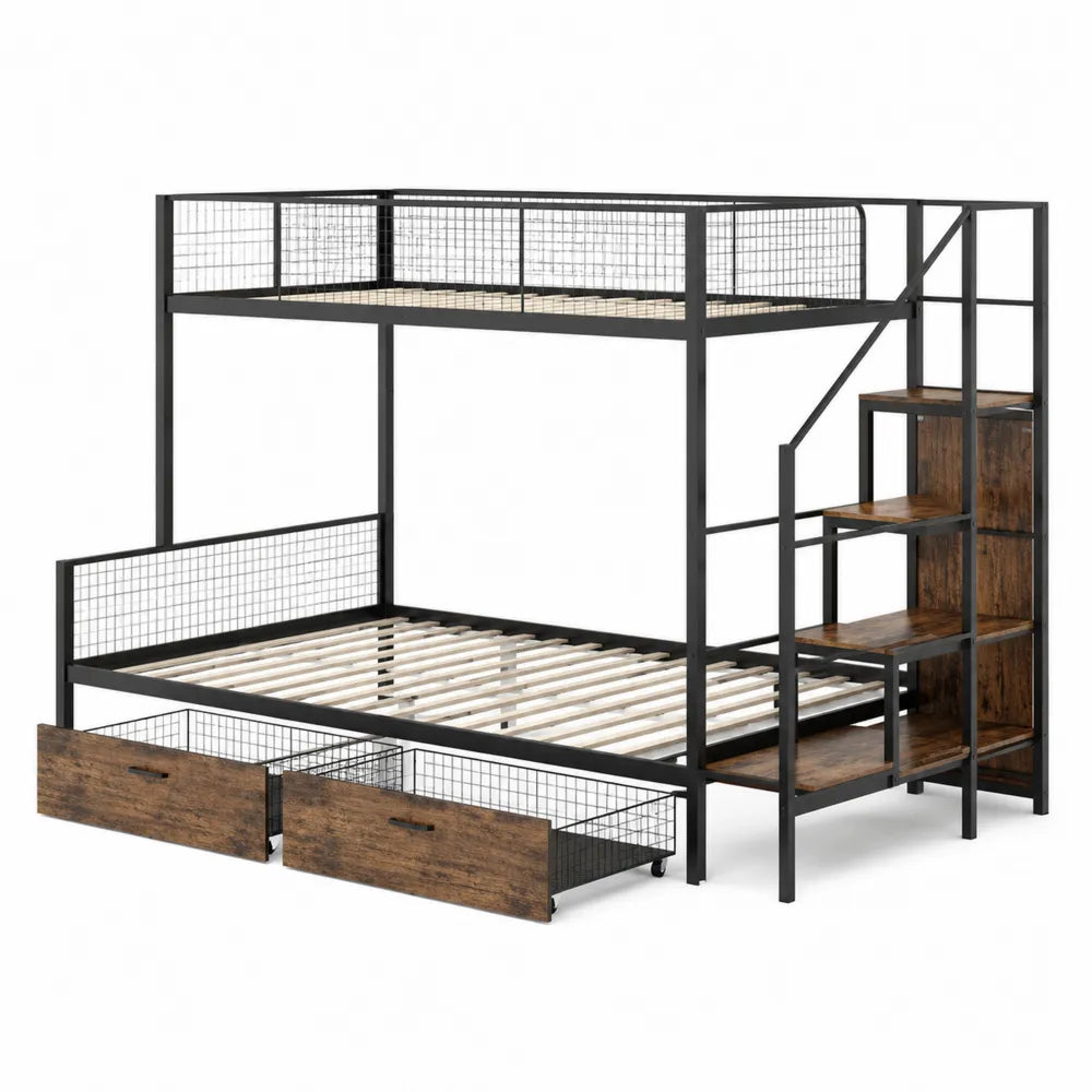Metal and Wood Twin Over Full Bunk Bed with Stairs and Storage Drawers Black/Brown