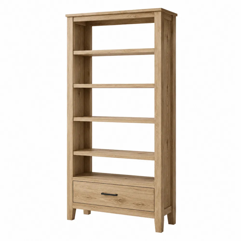 Wooden Tall Bookcase with Drawer Oak Finish 180cm
