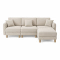 Beige Corduroy Fabric Sectional Sofa with Ottoman and Solid Wood Legs