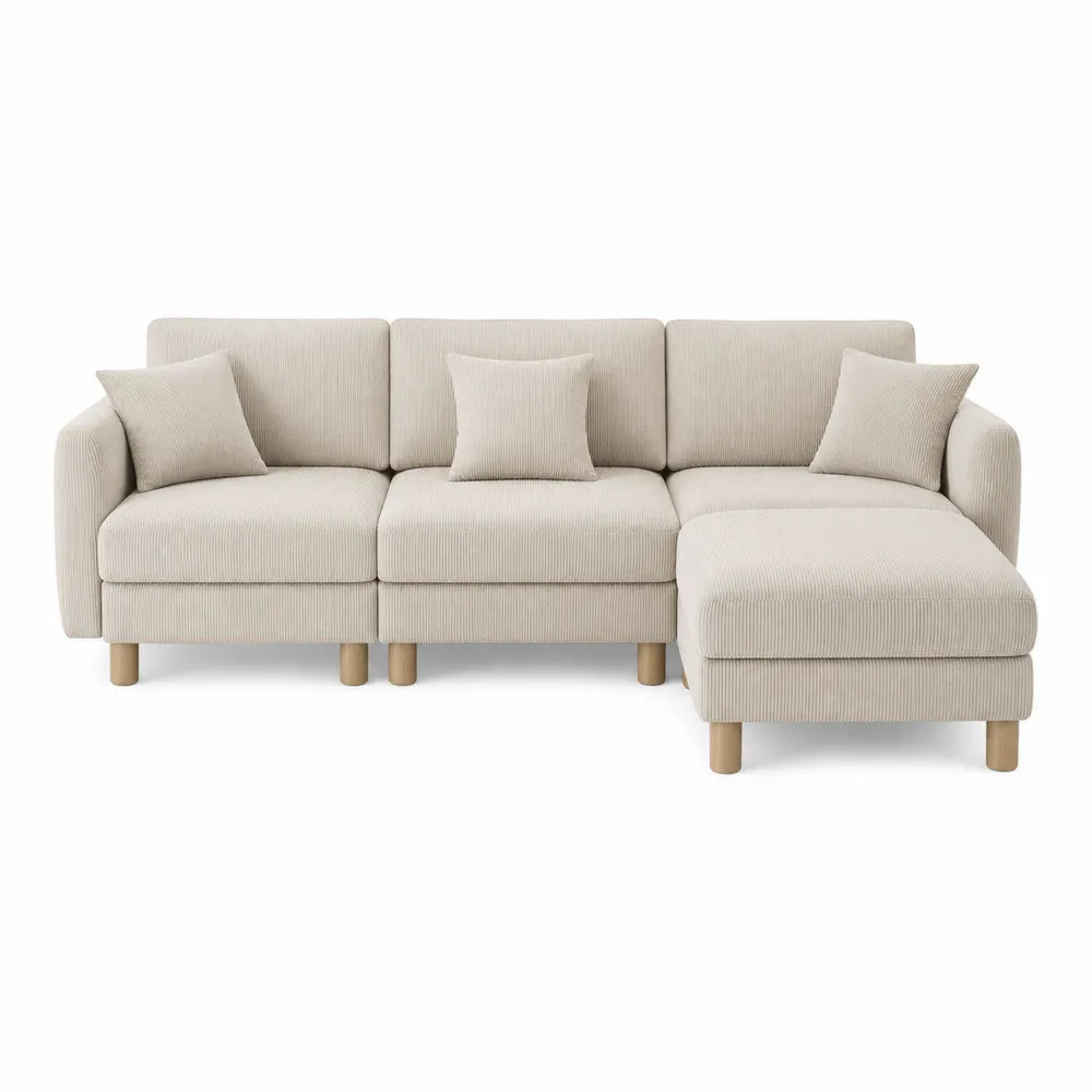 Beige Corduroy Fabric Sectional Sofa with Ottoman and Solid Wood Legs