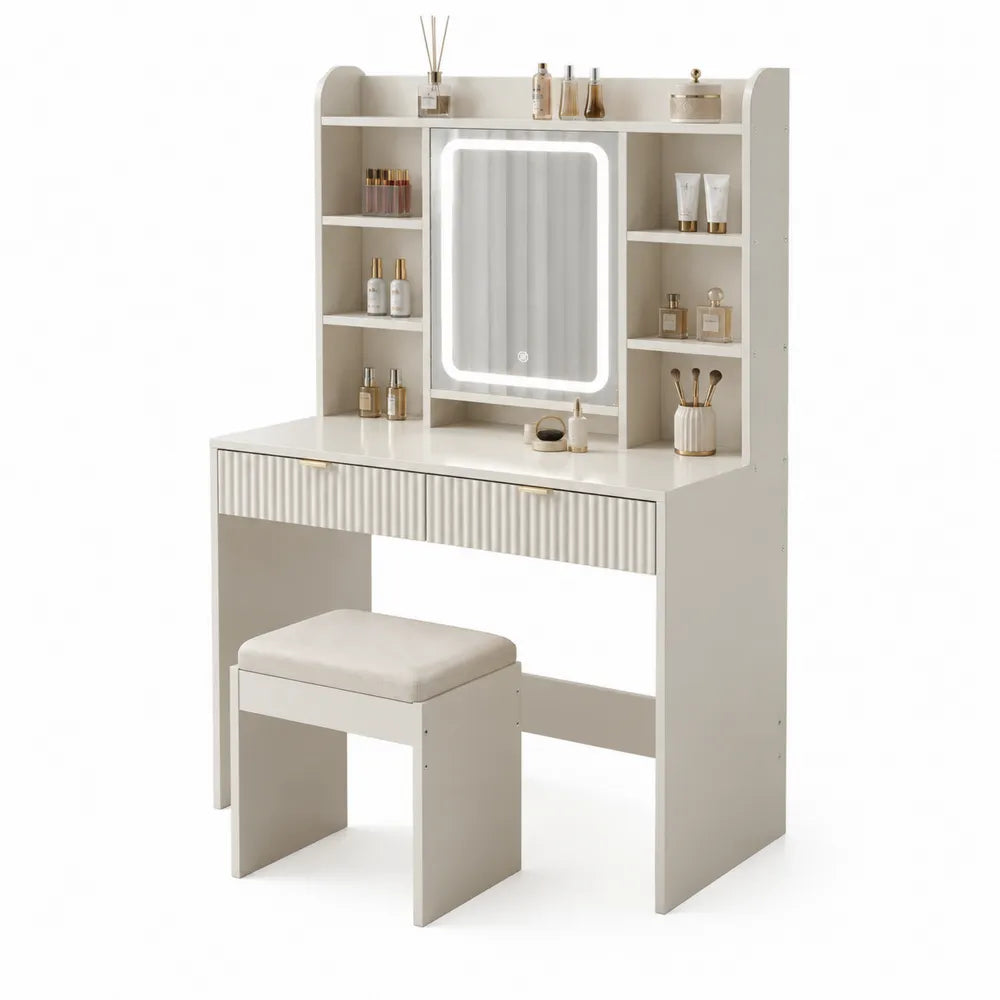 Beige MDF Vanity Set with LED Mirror and Stool