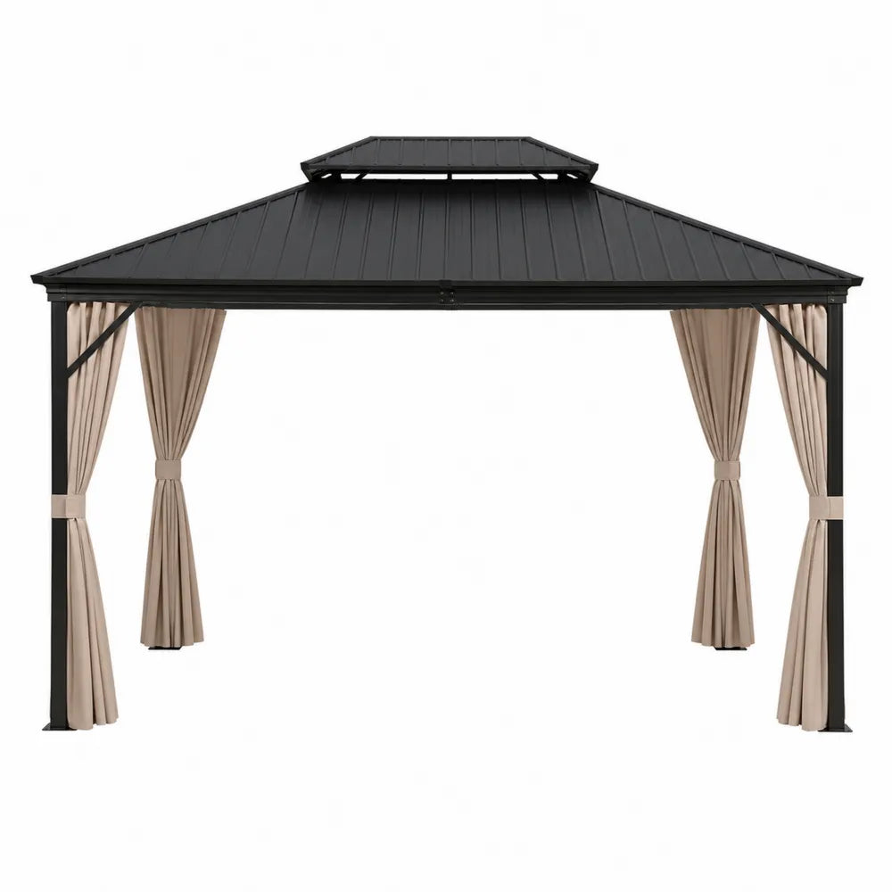 Steel Frame Outdoor Gazebo with Polyester Curtains 12x10 ft Black/Tan