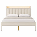 King Size Upholstered Bed with LED Headboard in Beige Faux Leather