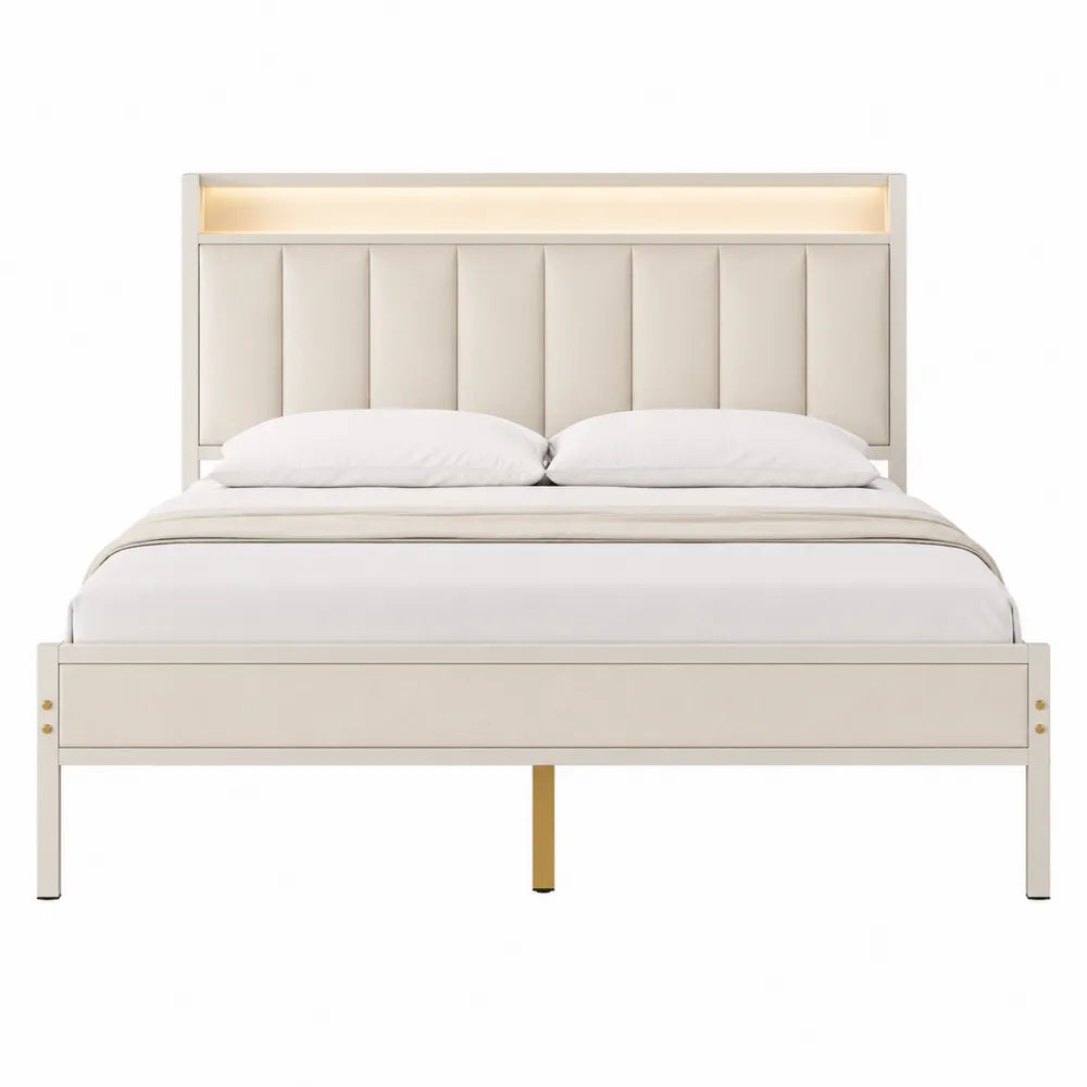 King Size Upholstered Bed with LED Headboard in Beige Faux Leather