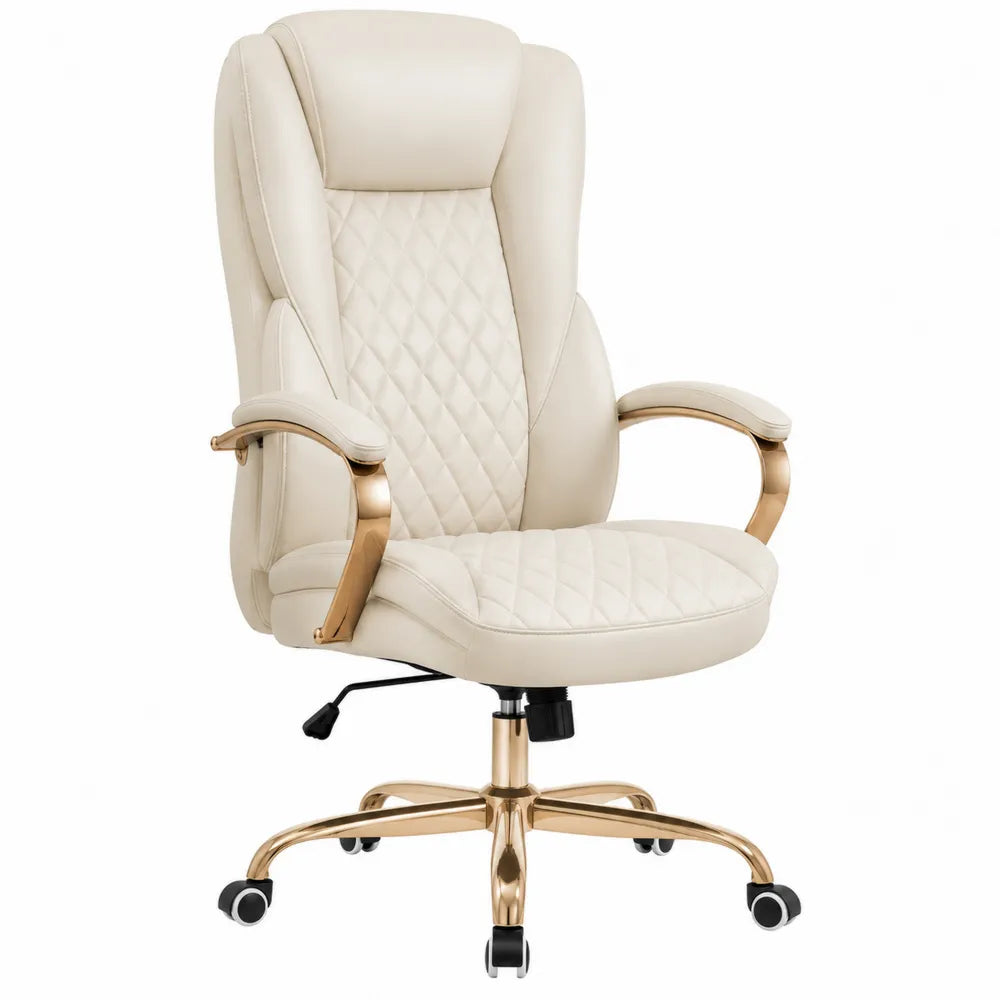 Executive Office Chair PU Leather Beige with Adjustable Height and Swivel Gold Metal Frame