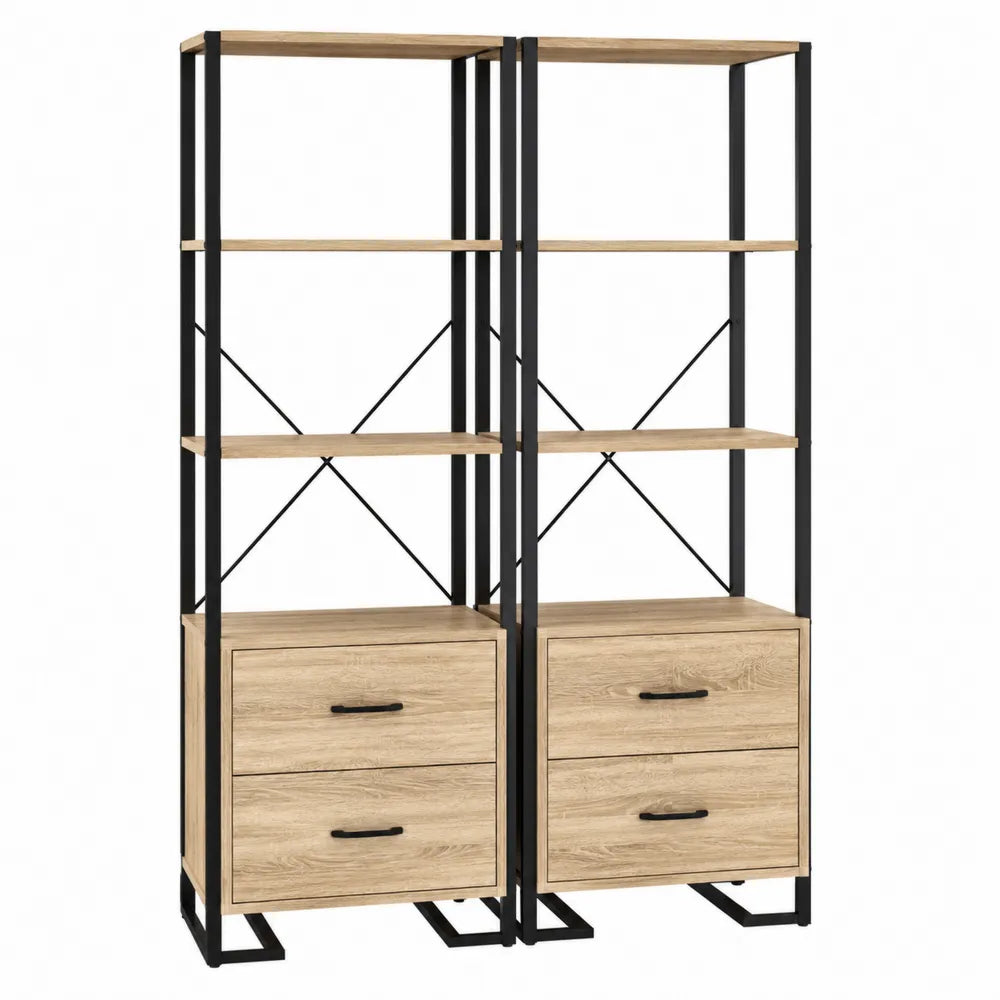 Set of 2 Metal and Wood Bookcases with Shelves and Drawers 180cm