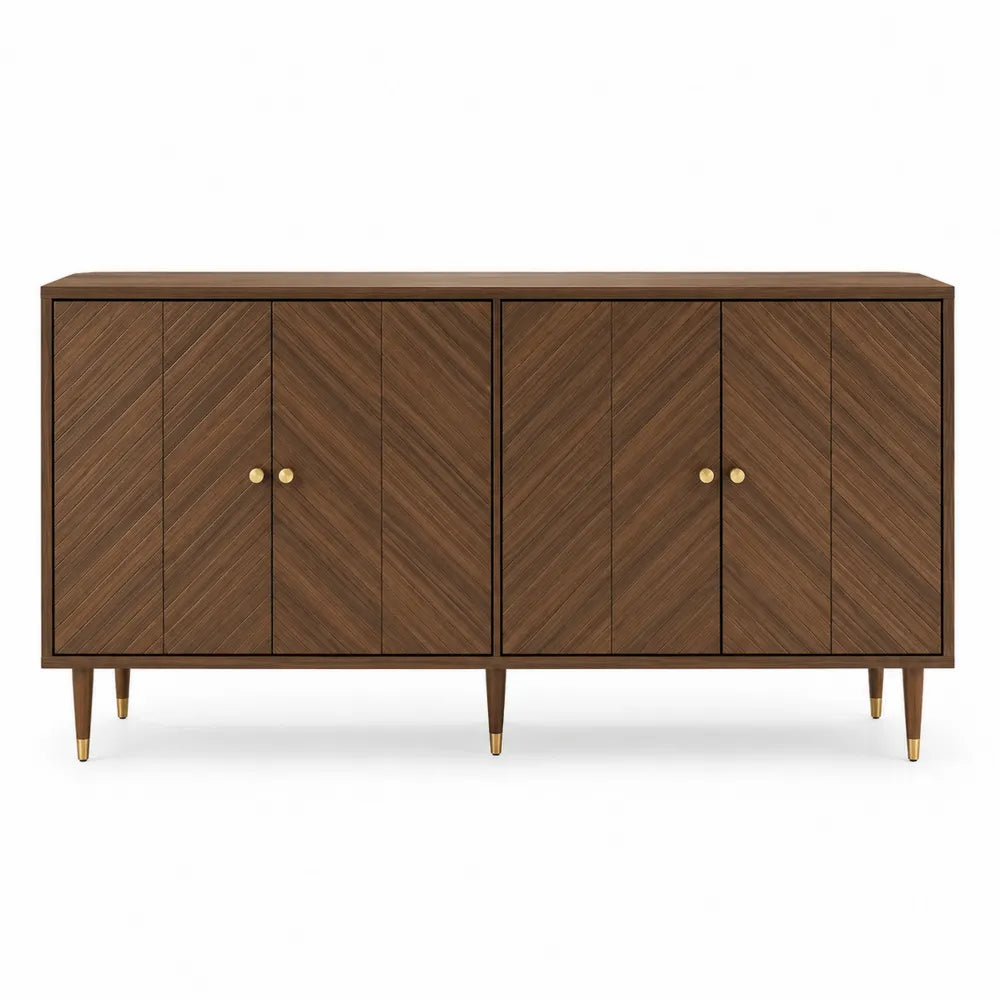 Wood Sideboard Buffet with Walnut Veneer and Brass Accents 76.5cm H x 155cm W x 40cm D