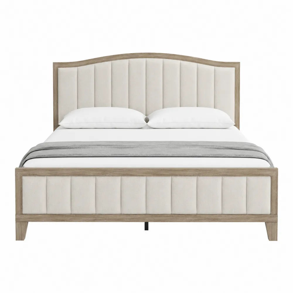 Upholstered Panel Bed with Wood Frame in Beige Queen Size
