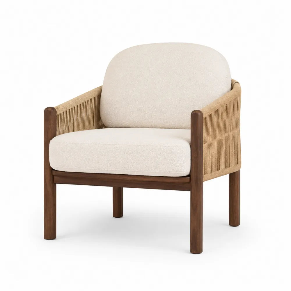 Wood and Rope Outdoor Armchair with Beige Polyester Cushions