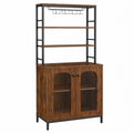 Wooden Bar Storage Cabinet with Metal Frame and Ribbed Glass Doors