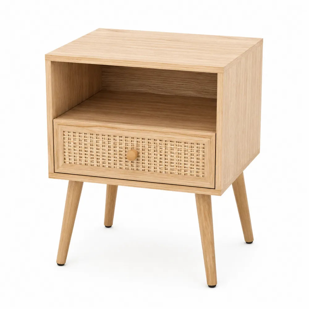 Oak Wood Nightstand with Rattan Drawer and Open Shelf