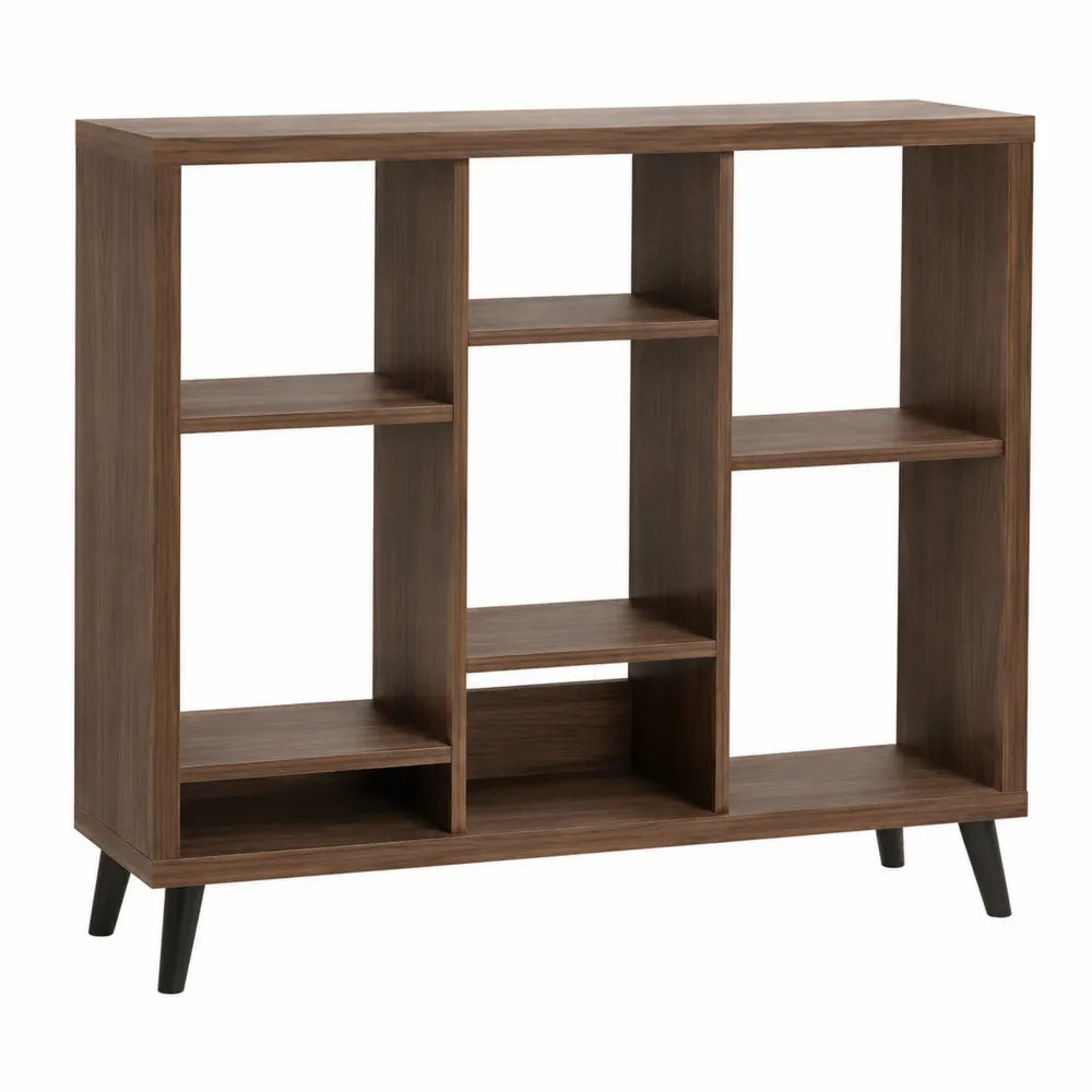 Wooden Multi-Tier Open Bookshelf with Walnut Finish and Black Legs