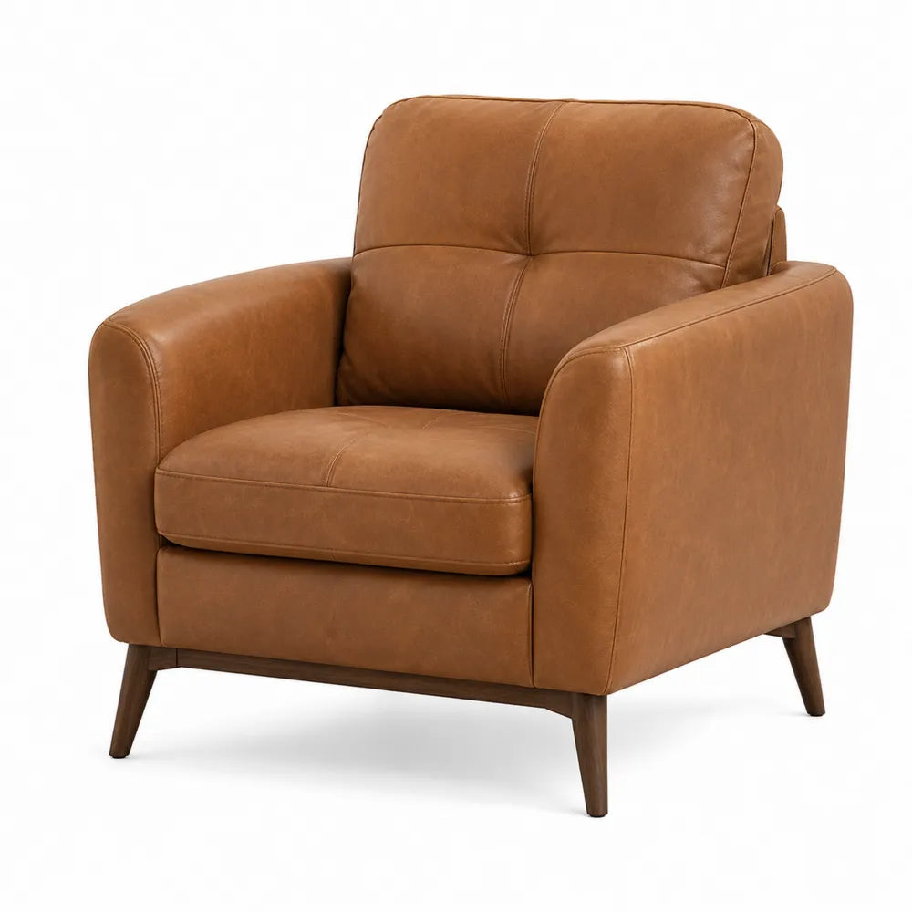 Brown Faux Leather Armchair with Tufted Back and Wooden Legs
