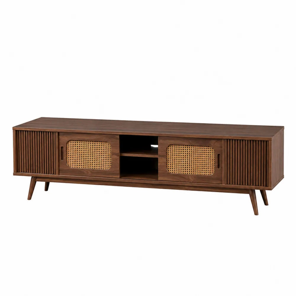 Walnut Wood TV Stand with Rattan Sliding Doors 150cm