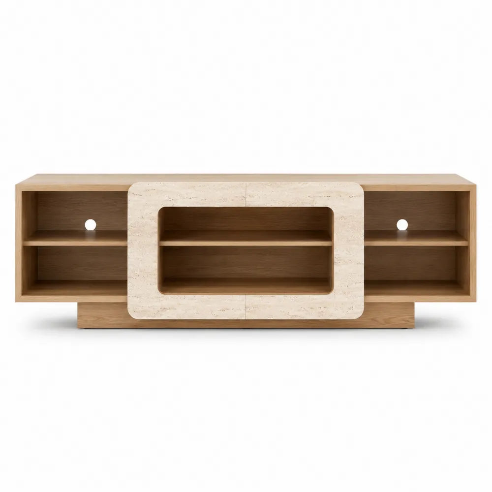Oak TV Stand with Travertine Accents 120cm x 40cm x 50cm