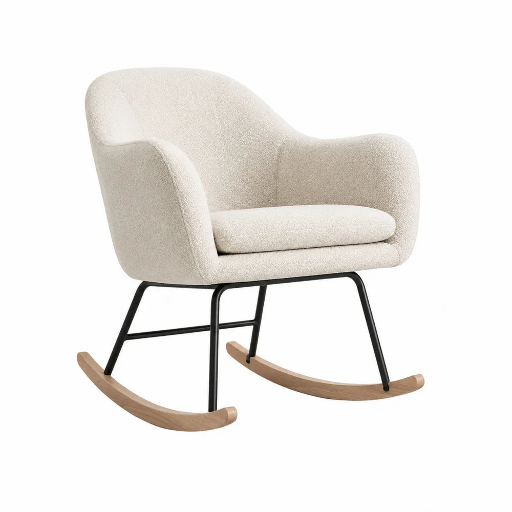 Boucl茅 Fabric Rocking Chair with Metal Frame and Oak Rockers in Cream