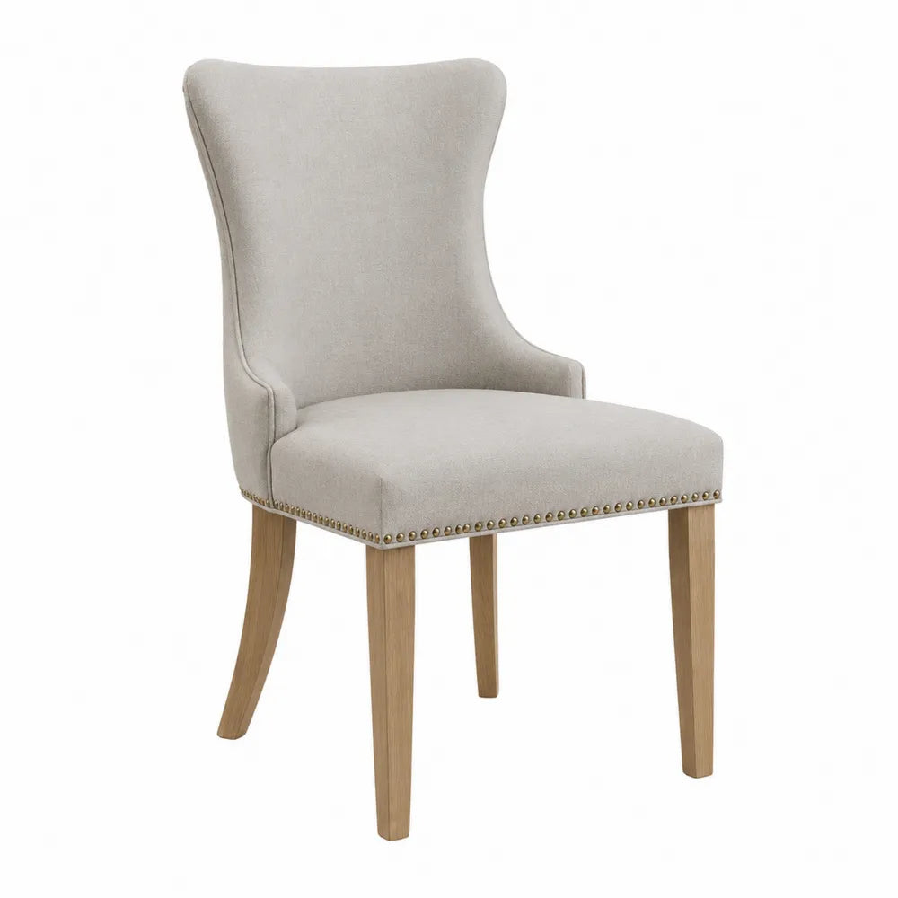 Linen Upholstered Wingback Dining Chair Solid Wood Light Beige