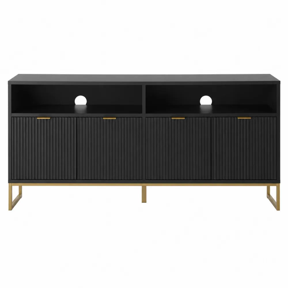 Black MDF TV Stand with Metal Legs and Storage Cabinets