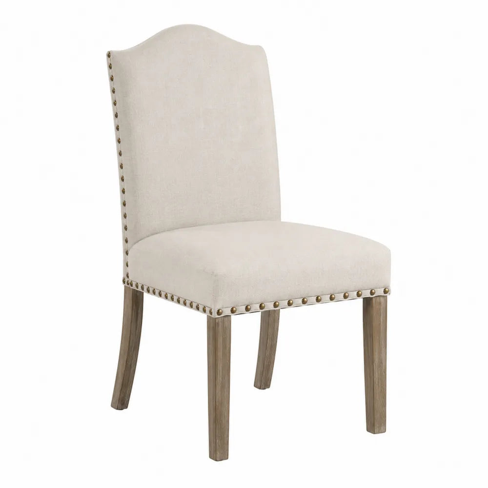 Wood Dining Chair Beige Linen Upholstered with Nailhead Trim