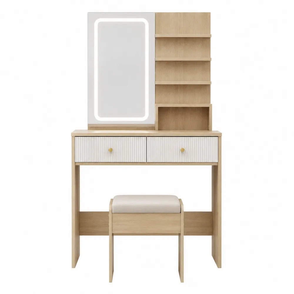 Wood Vanity Set with Shelves and LED Mirror