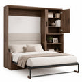 Wooden Wall Bed with Storage and Bookshelves Queen Size Walnut Beige