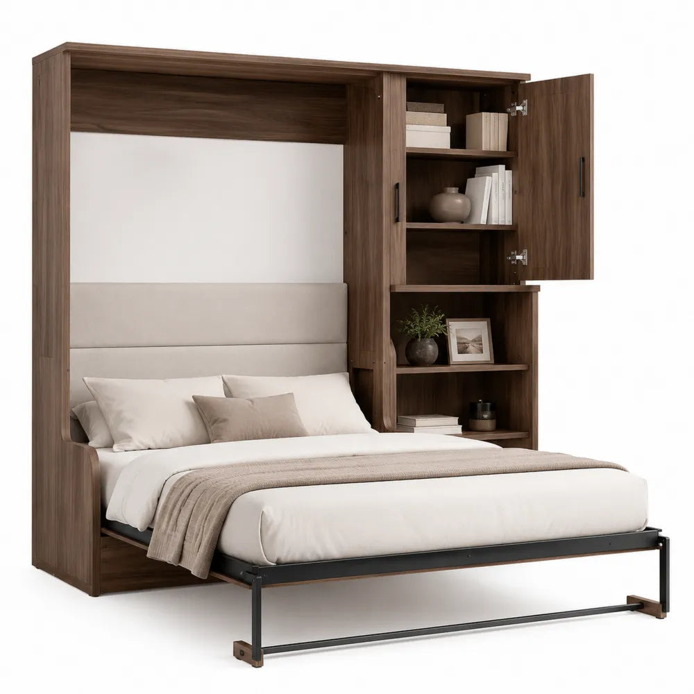 Wooden Wall Bed with Storage and Bookshelves Queen Size Walnut Beige