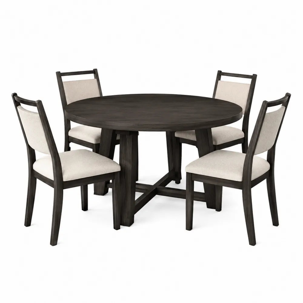 Round Wood Dining Table Set with 4 Upholstered Chairs, Dark Wood, 120 cm