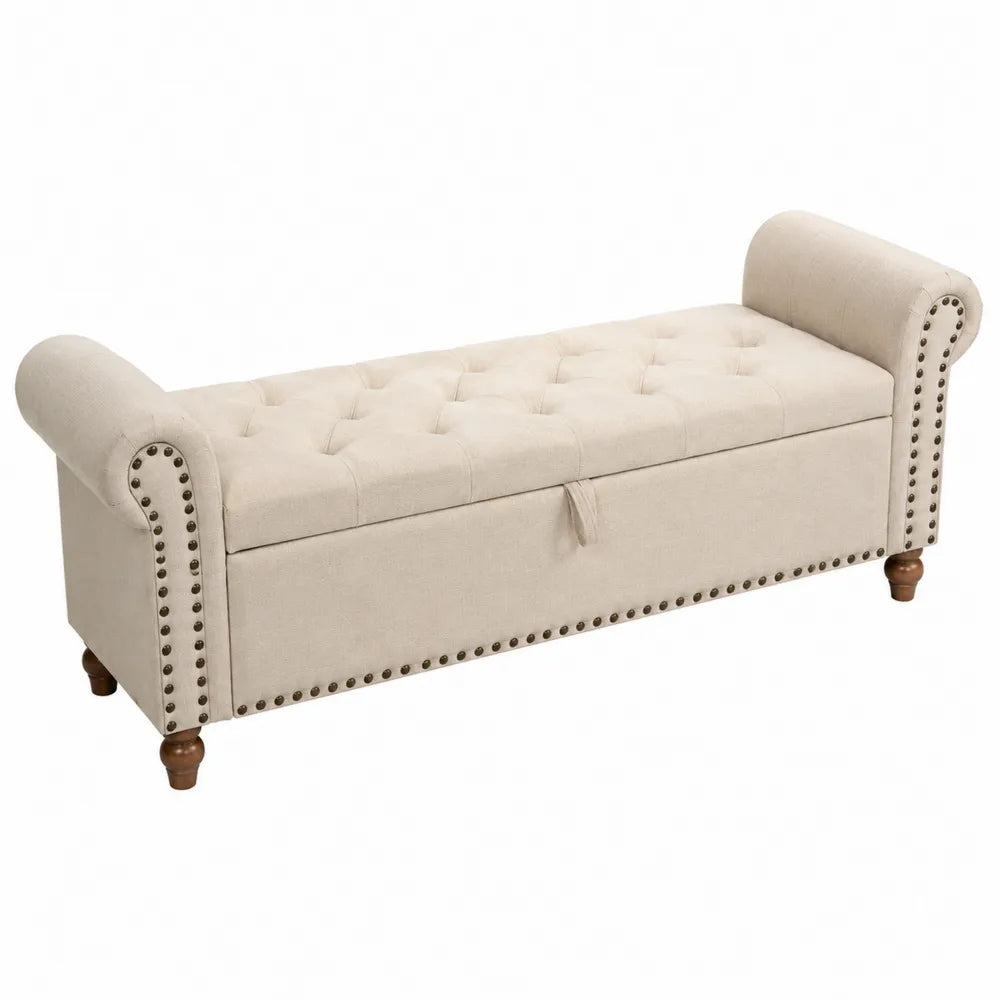 Fabric Upholstered Storage Bench with Rolled Arms Beige 140cm