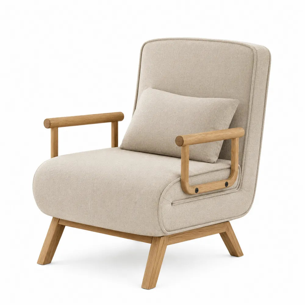 Armchair Wood Frame Beige Fabric with Cushion 85cm Height