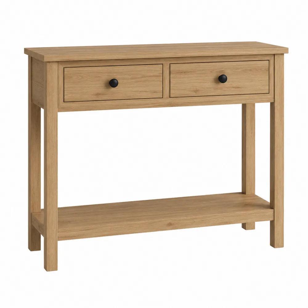 Wood Console Table with Two Drawers and Shelf Natural Oak 90cm