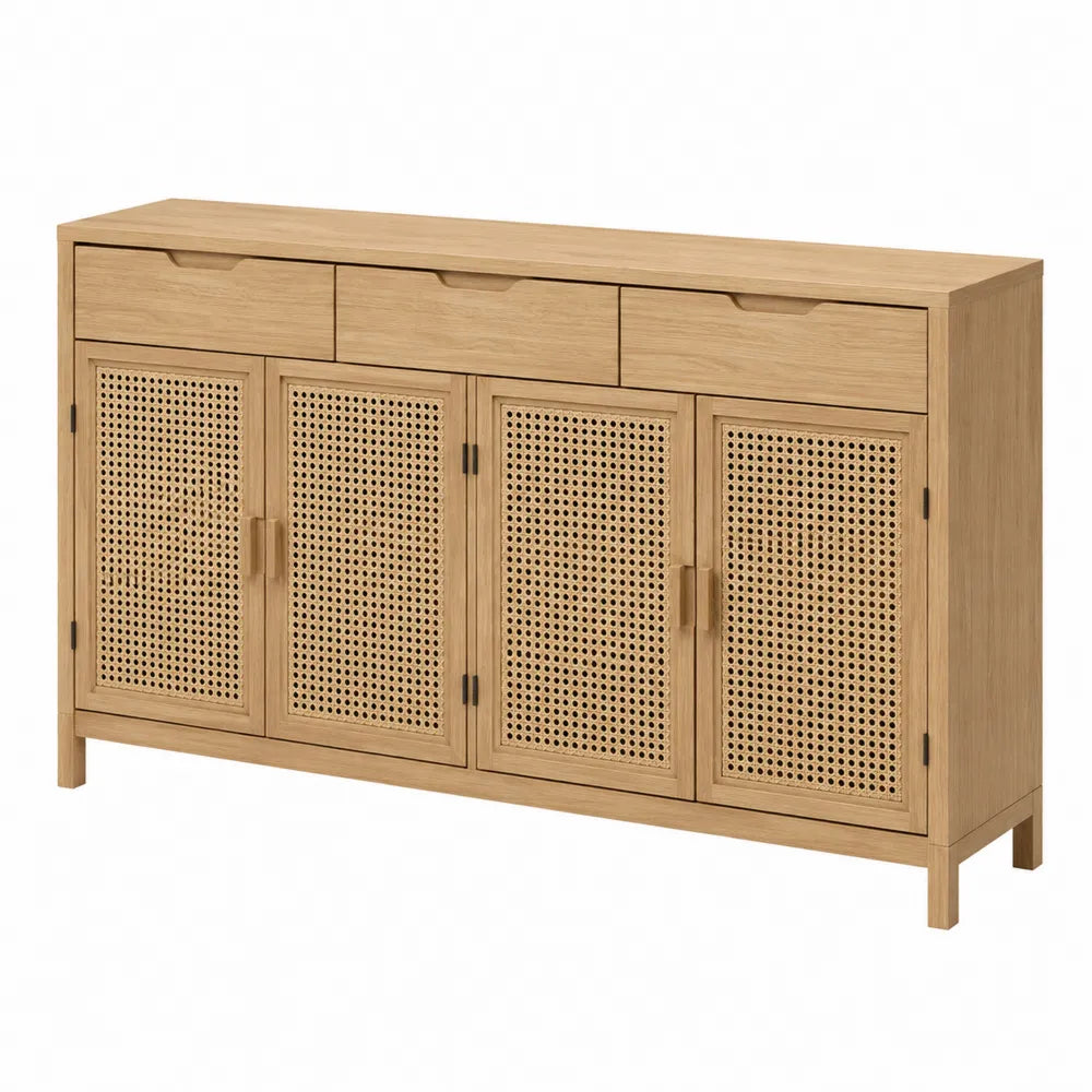 Oak Wood and Rattan Sideboard with 4 Doors and 3 Drawers