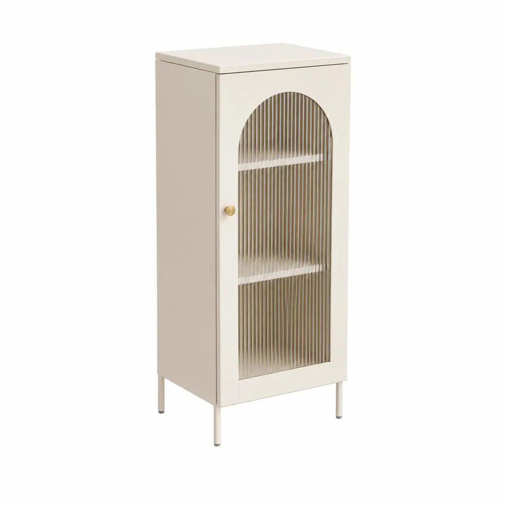 Beige Metal Cabinet with Ribbed Glass Door