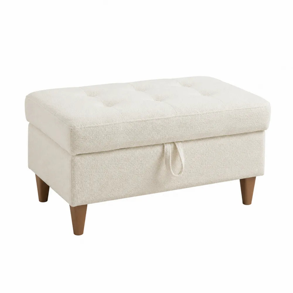Boucl茅 Fabric Upholstered Storage Ottoman with Wooden Legs, Beige, 40x20x18 inches