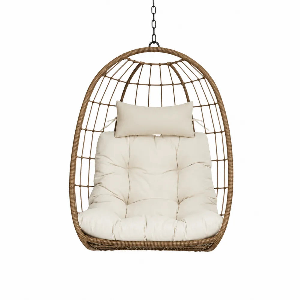 Hanging Egg Chair Wicker Frame Polyester Cushion Beige