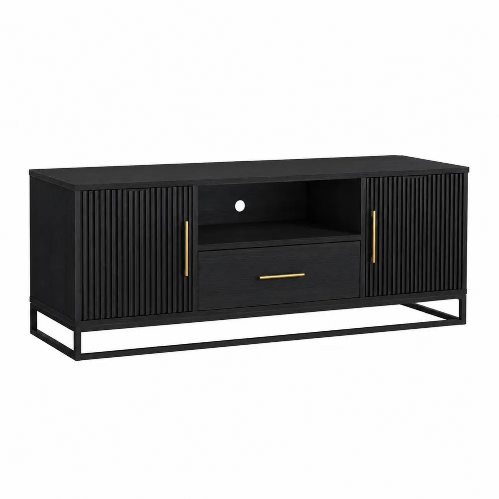 Black Wood TV Stand with Shelves and Cabinets 150cm
