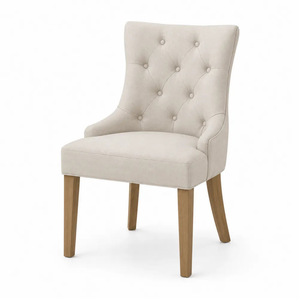 Beige Polyester Blend Dining Chair with Button Tufted Back and Oak Frame