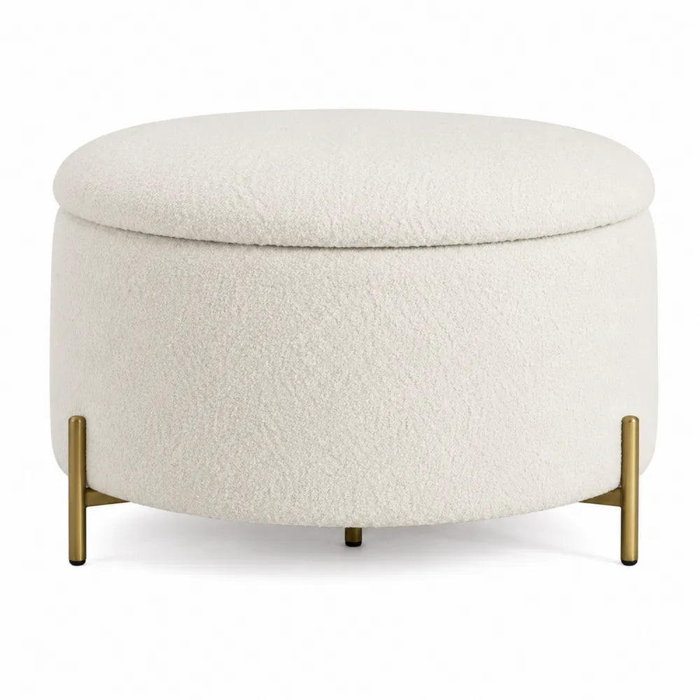 Round Faux Shearling Upholstered Ottoman with Metal Legs Beige 50cm